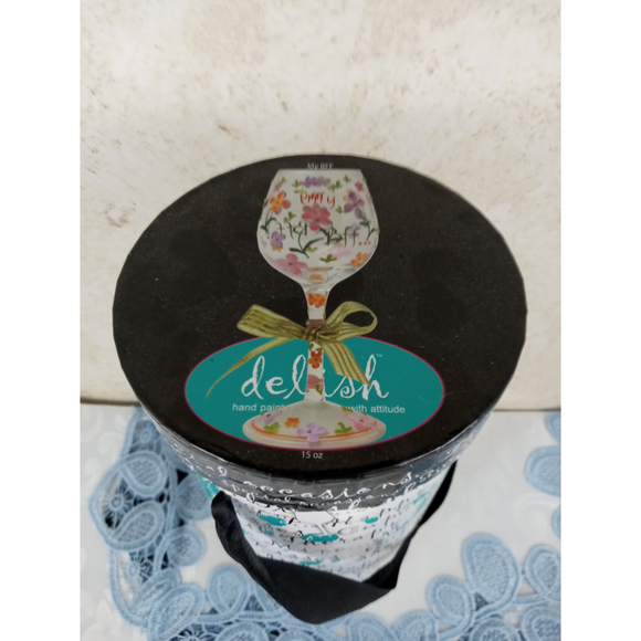 Delish Hand Painted Wine Glass My BFF with Pink Orange Purple Flowers 9" - Picture 5 of 6